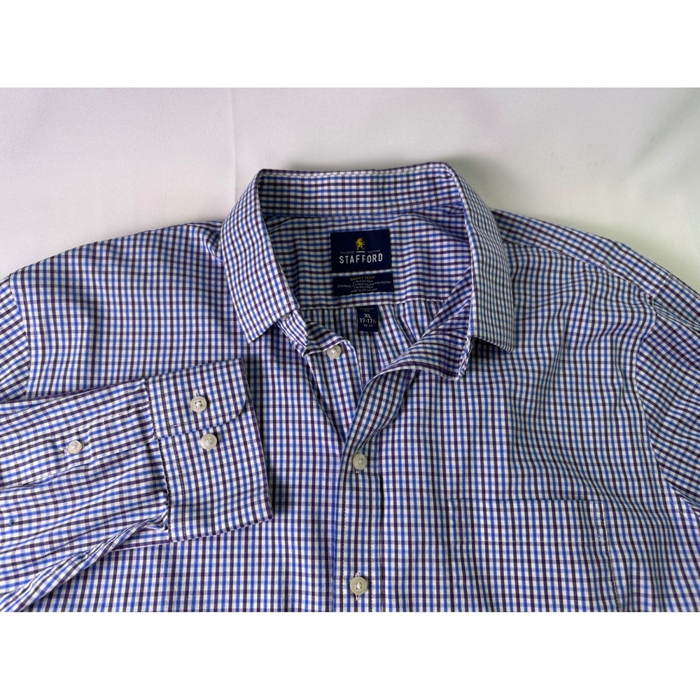 Stafford Men's XL Smart Tech Gingham Button Down‎ Shirt Regular Fit Long Sleeve